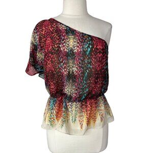 ANA Pink Feather Shirt Blouse One Shoulder PL Petite Large New Feather Boho